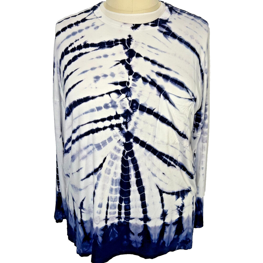 Karen Kane Jersey Top Long Sleeve Top Womens XL White Blue Tie Dye Stretch